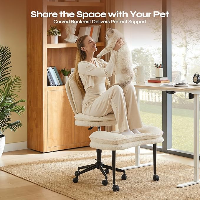 Pinmoco Ergonomic Cross Legged Office Chair for ADHD, Kneeling Chair with 360° Swivel Wheels and Reversible Seating for Meditation, Adjustable Height and Seat Deapth, Teddy Fabric, White