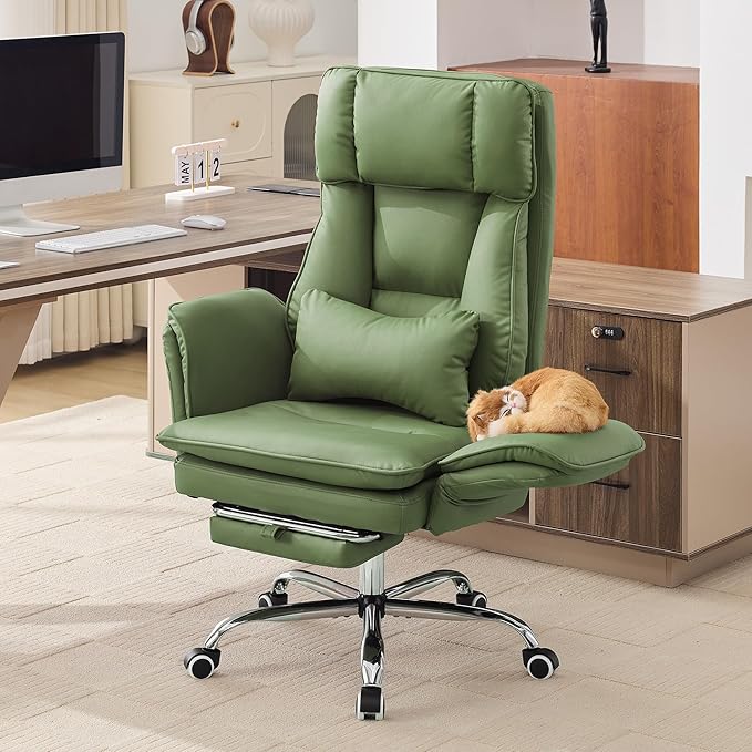 Big and Tall Office Chair, Cloud Reclining Office Chair with Footrest & Flip Armrest for Pets, Executive Ergonomic Criss Cross Desk Chair, Swivel Computer Gaming Chair with Lumber Pillow, PU Green