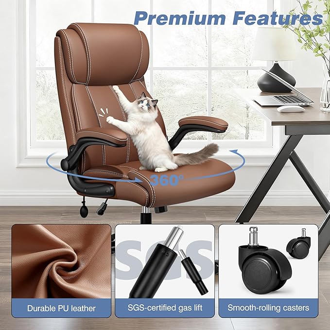 BESTFAIR Ergonomic Office Chair - Desk Computer Chair, Leather High Back Executive Chairs with Adjustable Lumbar Support & Flip Up Arms, Brown 2 Pack