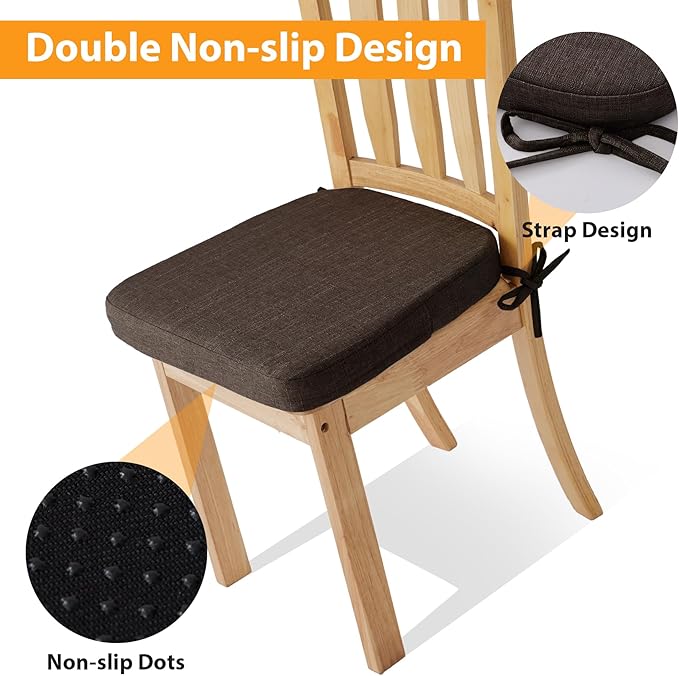 Ruqmuis Chair Cushions for Dining Chairs, 2" Thick Seat Cushions for Kitchen Chairs, D-Shaped Chair Pads with Washable Cover, Ties and Non Slip Backing, 17'' x 16'', Set of 6, Brown