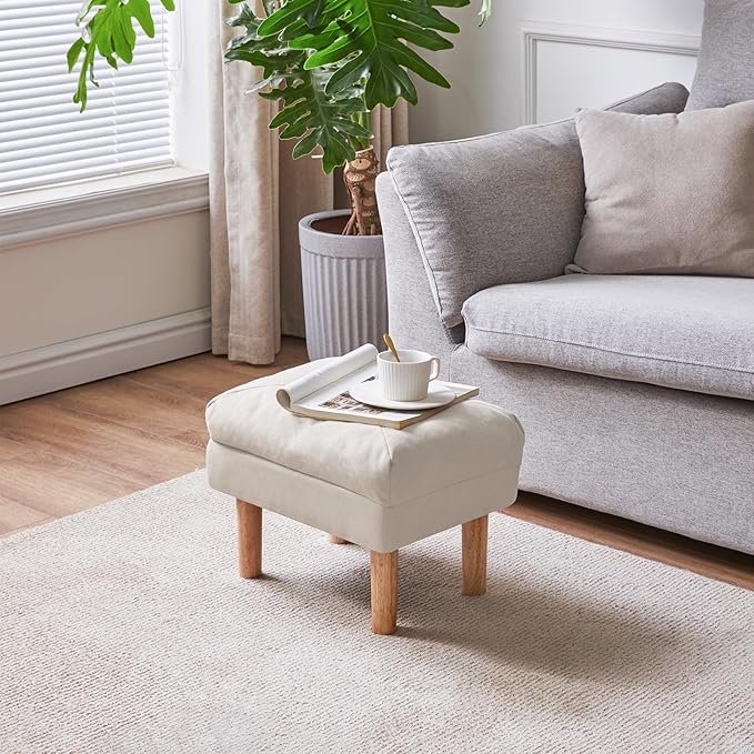YMYNY 15.75" Small Foot Stool Ottoman, Footrest with Sponge Soft Padded Seat, Cotton-Linen Blend Fabric Footstool for Sofa, Bedroom, Living Room, Entryway, Solid Wood Legs, Beige, UHBD023M