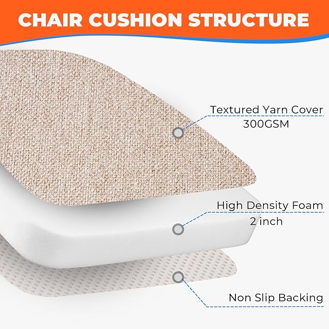 Sunsleek Chair Cushions for Dining Chairs, D-Shaped Seat Cushions with Removable Washable Cover and Ties, Chair Pads for Kitchen, Indoor Dining Room, Patio Chairs, 17'' x 16'', Set of 6, Khaki
