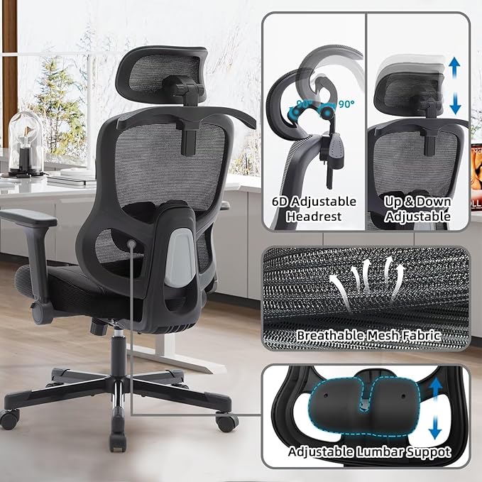 Ergonomic Office Chair Reclining Gaming Chair Adjustable Lumbar Support 6D Armrest Headrest Breathable Mesh Swivel Computer Chairs Home Task Desk Chair Wheels Coat Hanger Tilt Lock Cross Legged Chair