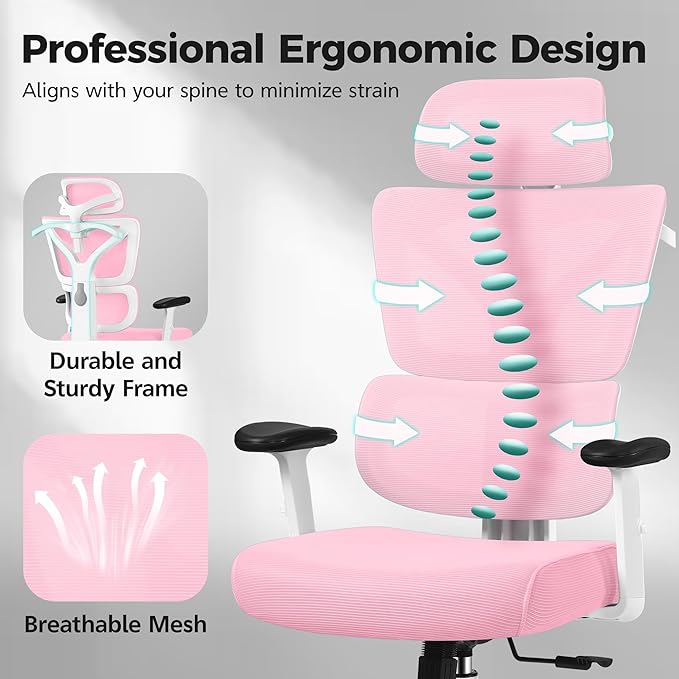 Ergonomic Office Chair High Back Desk Chair with Lumbar Support, Breathable Mesh Computer Chair with Adjustable Armrests Height, Reclining Swivel Big and Tall Gaming Chair for Home Office(Pink)