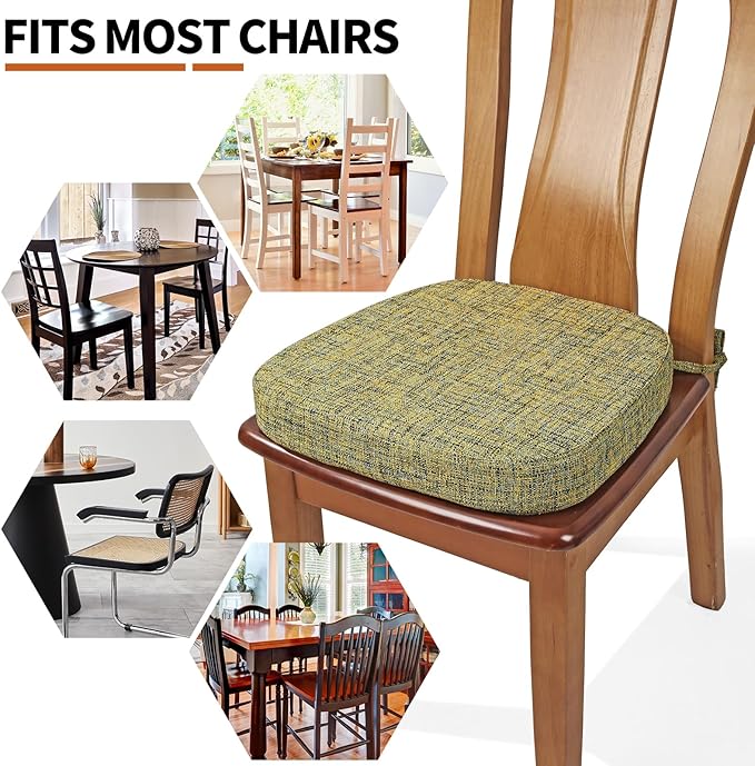 SINOSSO Thickened 2.5" Dining Chair Cushion, Soft Blended High Density Support Foam Kitchen Seat Cushion with Ties, U-Shaped Non-Slip Indoor Chair Pad, 16.5" x 16", 1 PCS, Yellow