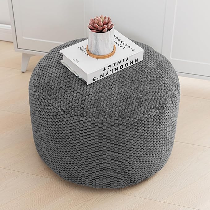 Poofieotto Pouf Ottoman Stuffed High Density Filler Velvet Floor Pouf Round Foot Stool 20 * 12 Inches Ottoman Foot Rest for Living Room, Home Decor (Dark Gray)