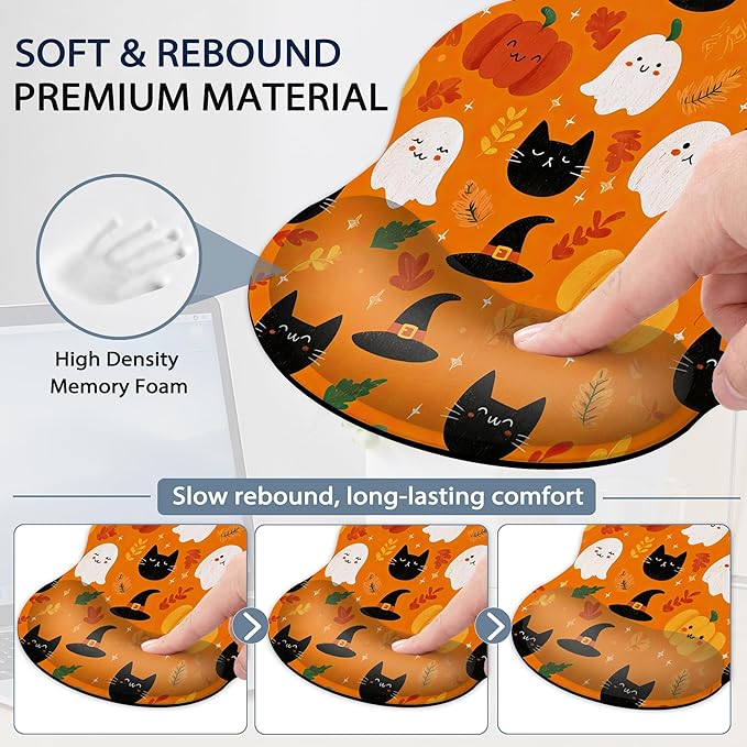 Halloween Wrist Rest Support for Mouse Pad Keyboard Set, Ghosts Pumpkins Black Cats Mouse Pad with Non Slip Rubber Base for Home and Office Typing Support
