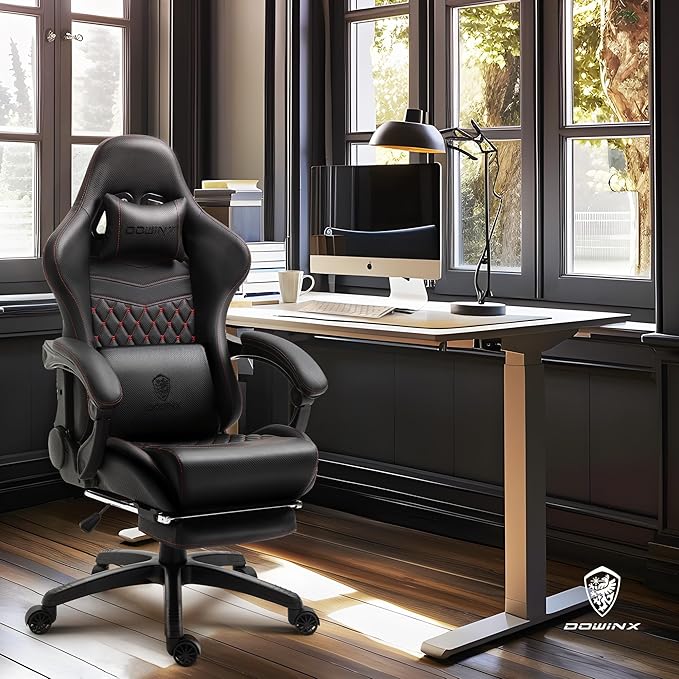 Dowinx Big & Tall Vintage Gaming Chair for Adults, 400 lb Capacity Heavy Duty Ergonomic Computer Chair with Massage Lumbar, Footrest & Easy Side Recline, Black