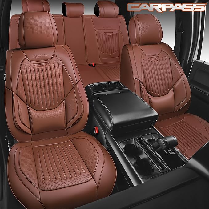 CAR PASS Luxury Nappa Leather Car Seat Covers Full Set, Lumbar Support Seat Covers for Car 5 Seats, Waterproof Car Seat Protector, Automotive Seat Covers Universal Fit for Most Sedans SUV Trucks Brown