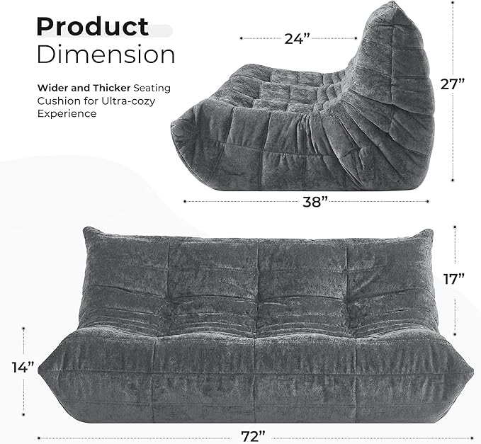 HABUTWAY Bean Bag Chair, Giant Bean Bag Chairs for Adults, 3 Seater Fireside Chair, Lazy Large Floor Bean Bag Sofa for Living Room, Bedroom, Dorm, Office (Grey)