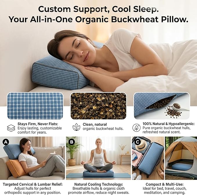 Adjustable Buckwheat Hull Pillow for Neck Pain Relief (21x8x4) Natural Cooling Cervical Support Camping Pillow for Side & Back Sleepers with Night Sweats (xiaoge Blue)