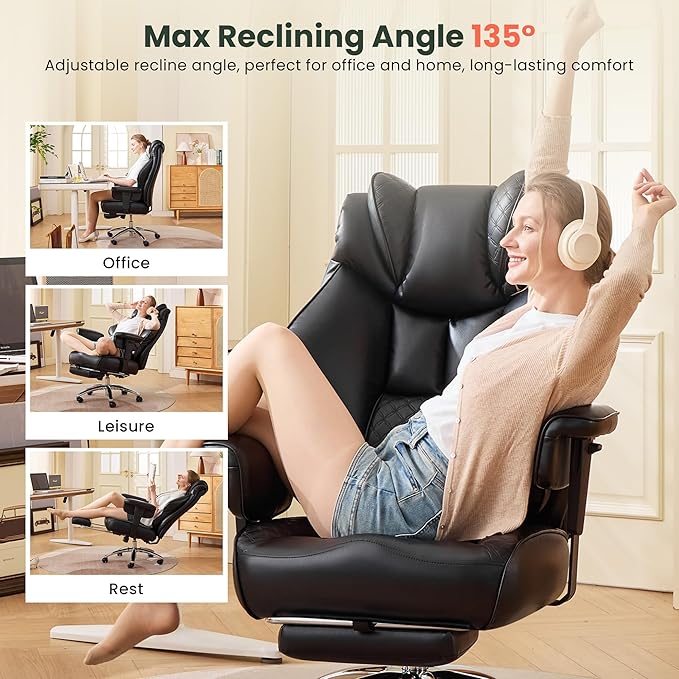 500lbs Big and Tall Office Chair Adjustable Lumbar Support, Extra Wide Seat Ergonomic Gaming Chair with Footrest, Heavy Duty High Back Executive Leather Computer Desk Chair (Black)