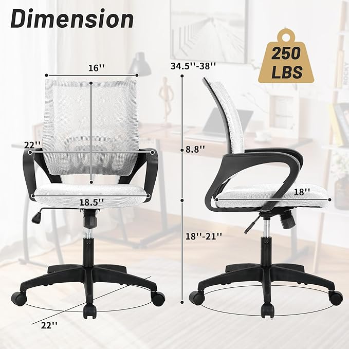 Office Chair,Work Chairs for Home Office,Ergonomic Desk Chair with Lumbar Support,Mesh Office Chair with Arm and Wide Comfortable Seat,Adjustable Rolling Office Chair,White