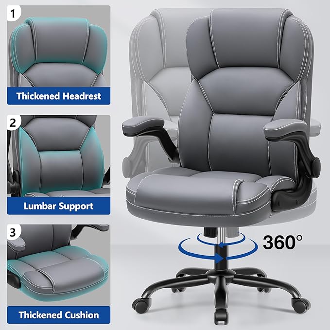PU Leather Executive Office Chair, Ergonomic High-Back Computer & Gaming Chair with Adjustable Height, Rolling Swivel & Flip-Up Armrests, Comfy Padded Seat for Home Office-Gray