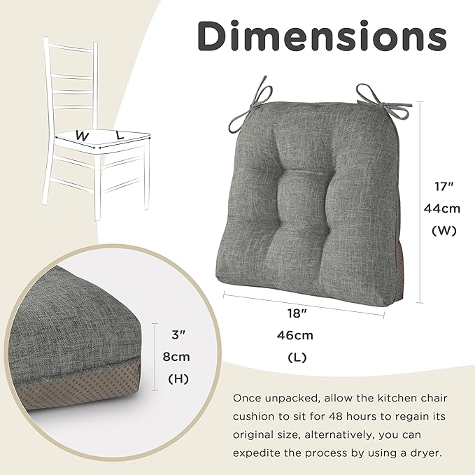 AddGrace Chair Cushions for Dining Chairs Set of 1 Kitchen Seat Cushions with Ties and Non Slip Backing Tufted Indoor Seat Pad for Kitchen Dining Room 18" x 17" x 3" Light Grey
