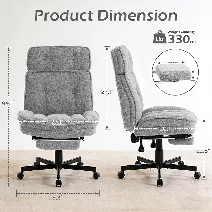 Criss Cross Chair with Wheels - Home Office Desk Chairs with Foot Rest, Morden Comfy Swivel Makeup Chair for Vanity, Ergonomic Cross Legged Office Chair with High Back & Wide Seat, Grey