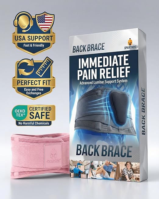 Sparthos Back Support Belt - Immediate Relief from Back Pain - Breathable With Lumbar Pad - Lower Backbrace For Home & Lifting At Work - For Men & Women - Fits 31–38″ Waist (Pink-S, Check Sizing)