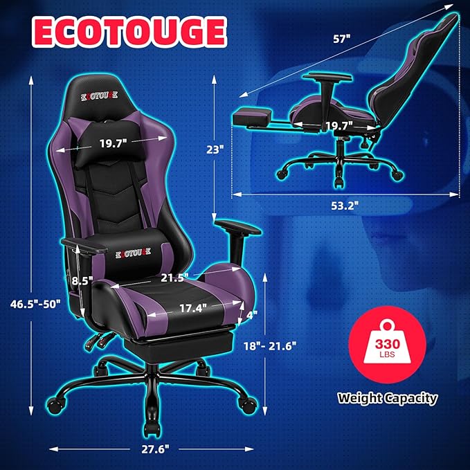 ECOTOUGE PC Massage Gaming Chair with Footrest Ergonomic Office Desk Chair Racing PU Leather Recliner Swivel Rocker with Headrest and Lumbar Pillow, Violet
