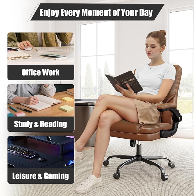 Ergonomic Office Chair with Flip-up Armrests, 300lbs Mid Back Computer Office Desk Chair with Lumbar Support, Executive Leather Chair with Rocking Function Adjustable Height for Home Office