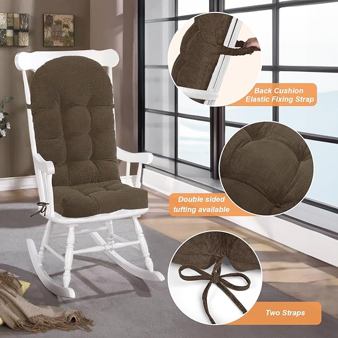 Rocking Chair Cushion - Chenille Fabric, High-Density Sponge, Durable Comfort Double-Sided Tufted Seat Pads with Ties, Chenille︱Dark Brown, 44x19x4 inch