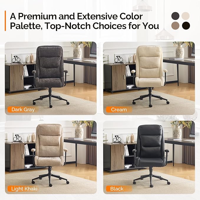 VINGLI Chenille Executive Ergonomic Fabric Office Chair with 100-130° Recline, High-Back Desk Chair with Adjustable Base & Padded Back & Wheels, Comfy Chair for Gaming,Computer,Home Office,Light Khaki