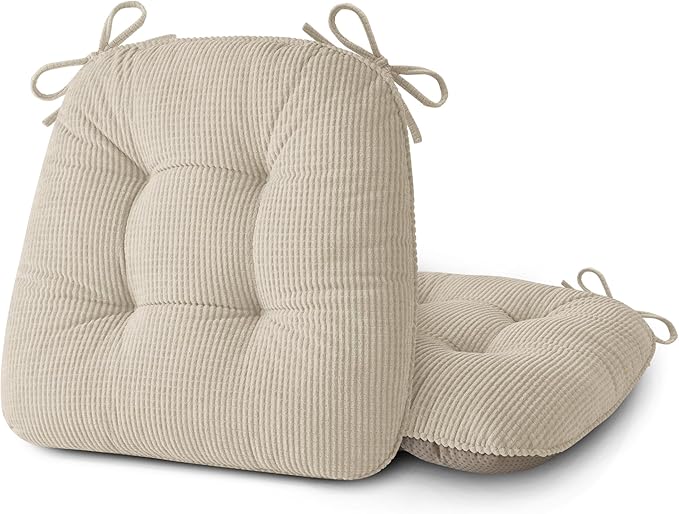 ELFJOY Dining Chair Cushions Set of 2 Thick Non Slip Kitchen Chair Pads with Ties Comfortable Indoor Kitchen Seat Cushions 18" x 18" x 3" Beige