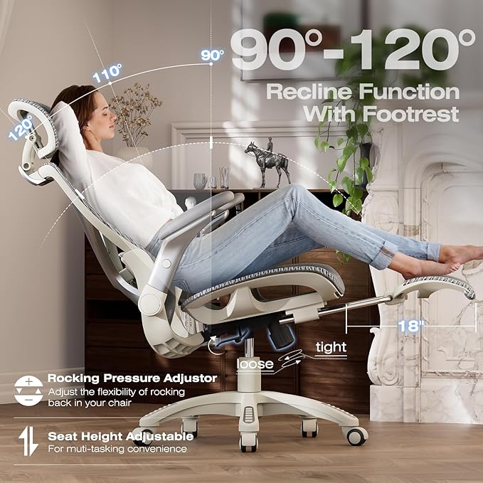 ELABEST X100 Ergonomic Mesh Office Chair with Footrest, Big and Tall Hone Desk Chair with 5D Flip-Up Arms, Adjustable 3D Lumbar Support,Gaming & Executive Computer Chairs (First Light)