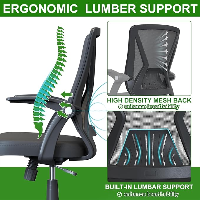 Ergonomic Model Rolling Home Office Computer Desk Chair with Flip Up Arms Lumbar Support for Work Study Adult and Student
