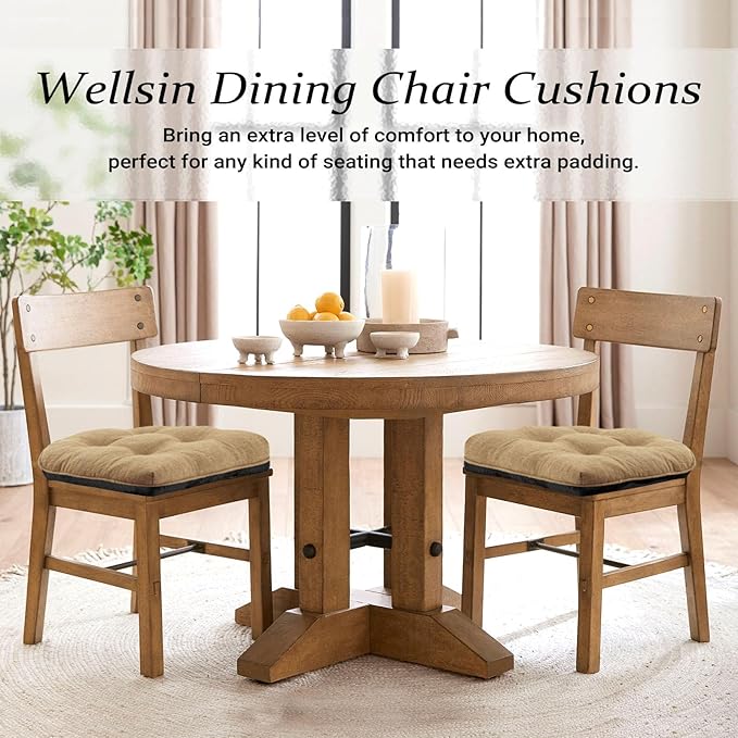 Wellsin Chair Cushions for Dining Chairs, Non-Slip Kitchen Chair Pads with Ties, Tufted Shredded Foam Kitchen Chair Cushions Set of 4, 15.5" X 15.5", Taupe