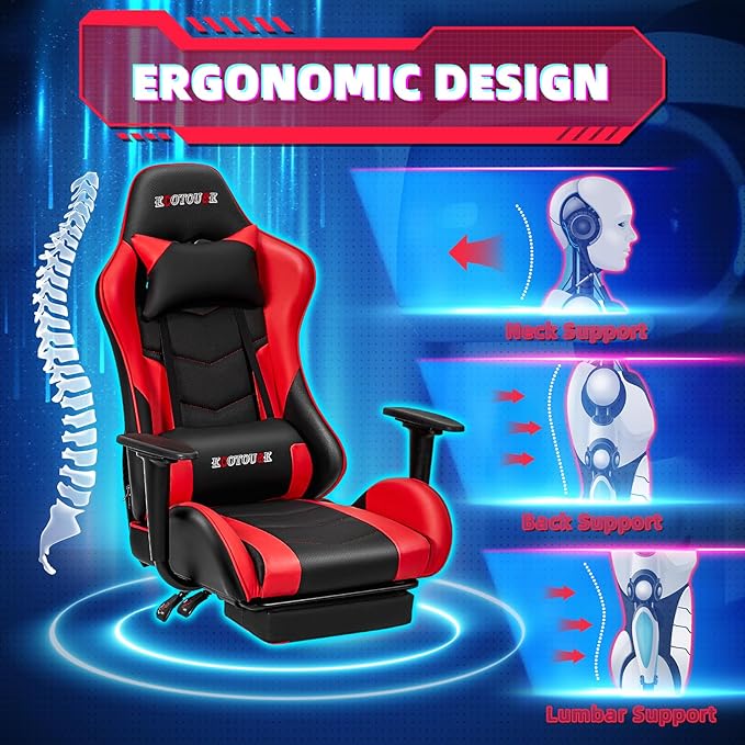 ECOTOUGE PC Massage Gaming Chair with Footrest Ergonomic Office Desk Chair Racing PU Leather Recliner Swivel Rocker with Headrest and Lumbar Pillow,Red