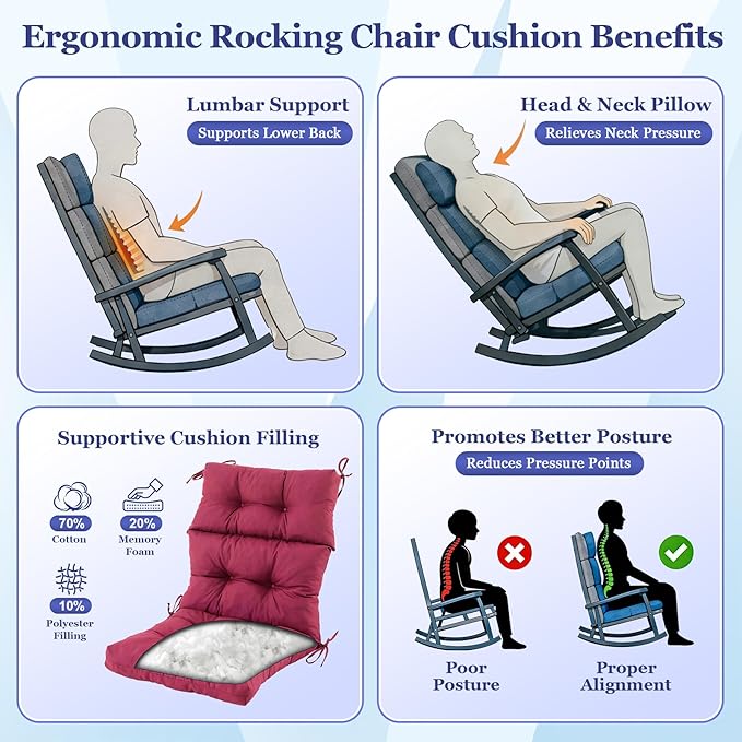 Rocking Chair Cushion, Waterproof and Fade-Resistant Adirondack Rocker Cushions, Indoor/Outdoor Rocking Chair Pads, High Back Memory Foam Patio Furniture Cushions with Ties, 44x23x4 Inch, Burgundy