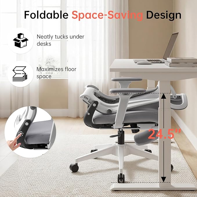Foldable Office Chair with Foot Rest, Ergonomic Office Chair with Adjustable Lumbar Support, Headrest, Armrest, Home Office Desk Chairs for Space Saving, Grey