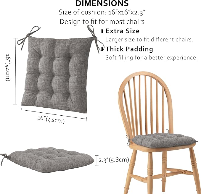 ELFJOY 4 Pack Chair Cushions for Dining Chairs Chair Pads Cushion for Kitchen Office Tufted Textured Square Seat Cushion with Ties (16" Light Grey)