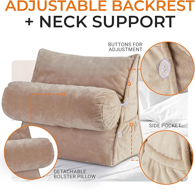 Cheer Collection Reading Wedge Pillow - Adjustable Wedge Reading Pillow with Neck Support, Hollow Fiber-Filled Backrest Pillow for Reading, Gaming, and TV Watching, Taupe