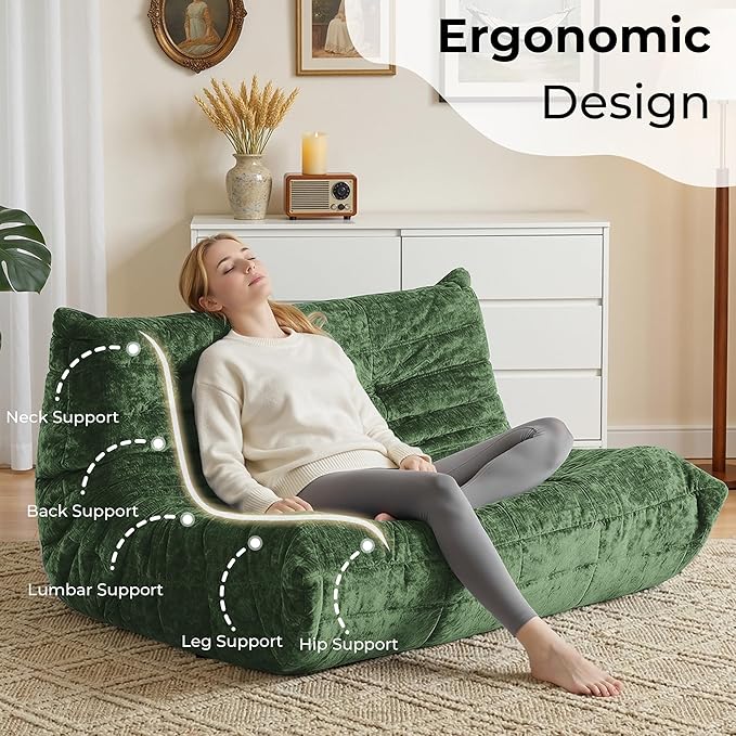 HABUTWAY Bean Bag Chair, Giant Bean Bag Chairs for Adults, Loveseat Fireside Chair, 2 Seater Lazy Bean Bag Sofa Memory Foam Couch for Living Room, Bedroom, Office (Green)