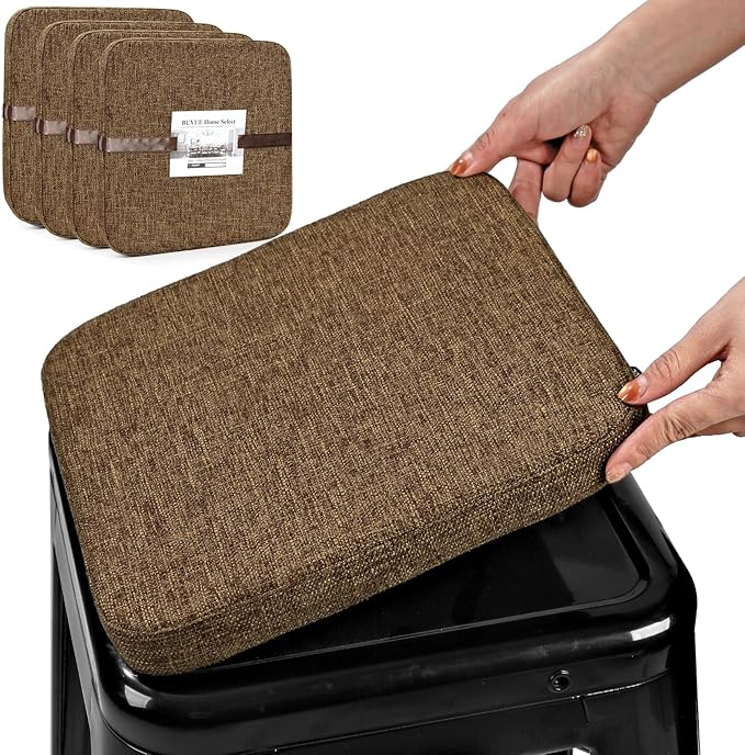 BUYUE Friendly Woven Fabric Magnetic Bar Stool Cushions Set of 4, Enhanced Anti-Slip Breathable Small Chair Seat Pads for Café Bistro Stackable Metal Stools (Square, Brown, 4 Counts)