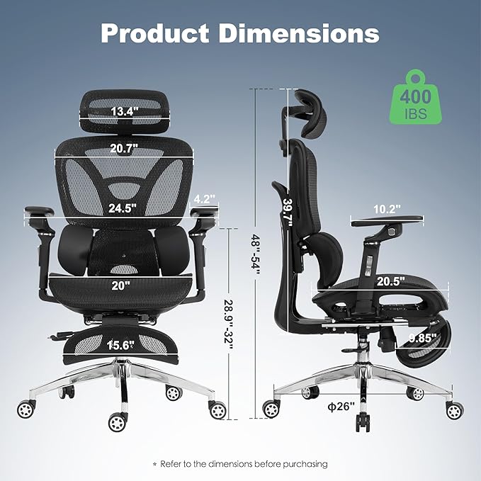 Ergonomic Mesh Office & Gaming Chair with Footrest, High Back Home Office Desk Chair, Comfortable 3D Lumbar Support, 130° Tilt, Adjustable Seat Depth, Adjustable 6D Armrest & 3D Headrest(Black Pro)