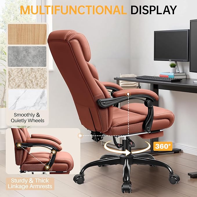 HeroSet Big and Tall Office Chair with Foot Rest, 400lbs Ergonomic Reclining High Back Executive Leather Chair, Lumbar Support Swivel Computer Desk Chairs for Heavy People Home Office Gaming(Brown)