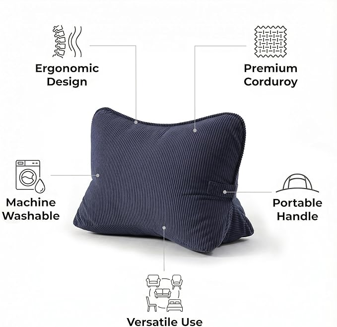 Pat. Pend. Corduroy Wedge Back Support Pillow with Lumbar Support, Back Cushion for Sofa or Bed Sitting, Back Pillow for Reading & Relaxing, Navy Blue