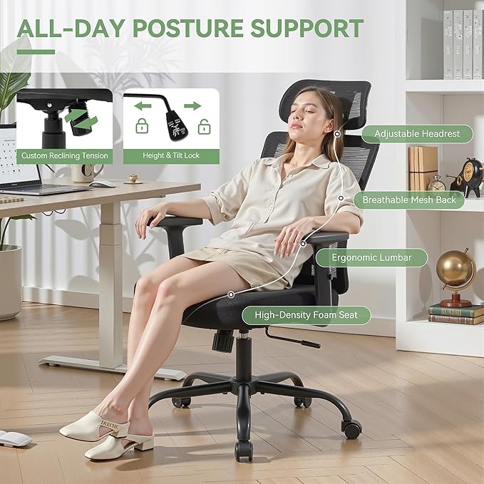 Ergonomic Office Chair Mesh High Back, Office Desk Chair with Adjustable Lumbar Support, Rolling Work Chairs with Wheels and 3D Headrest, Black