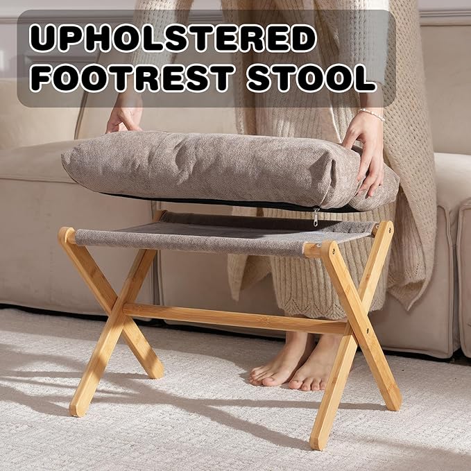 Baveke Folding Foot Stool, Small Accent Ottoman with Thick Cotton Cushion & Bamboo X Legs, Modern Padded Sofa Stool for Makeup Bedroom Living Room (Brown)