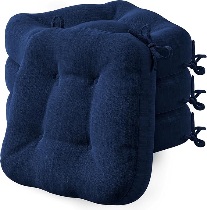 Codi Dining Chair Cushions 4 Pack, Thick Chairs Pads for Indoor Kitchen Room - Washable, Non-Slip Memory Foam Seat Cushion with Ties, 16.5"x16.5"x 3.5", Set of 4, Navy New