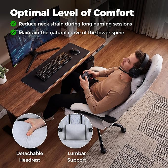 Goplus Gaming Chair, Ergonomic Office Chair with Foot Rest, Lumbar Support, Linkage Armrests, Detachable Headrest, 360°Swivel Computer Chair w/Adjustable Backrest & Height, 330 lbs Capacity (Grey)