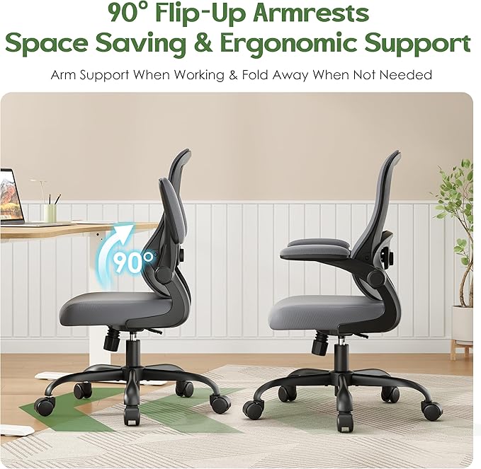 Office Chair Ergonomic Desk Chair - Mesh Comfy Home Desk Office Chairs with Wheels Adjustable Lumbar Support Flip up Armrest Executive Rolling Swivel Teacher Task Computer Chair Gray