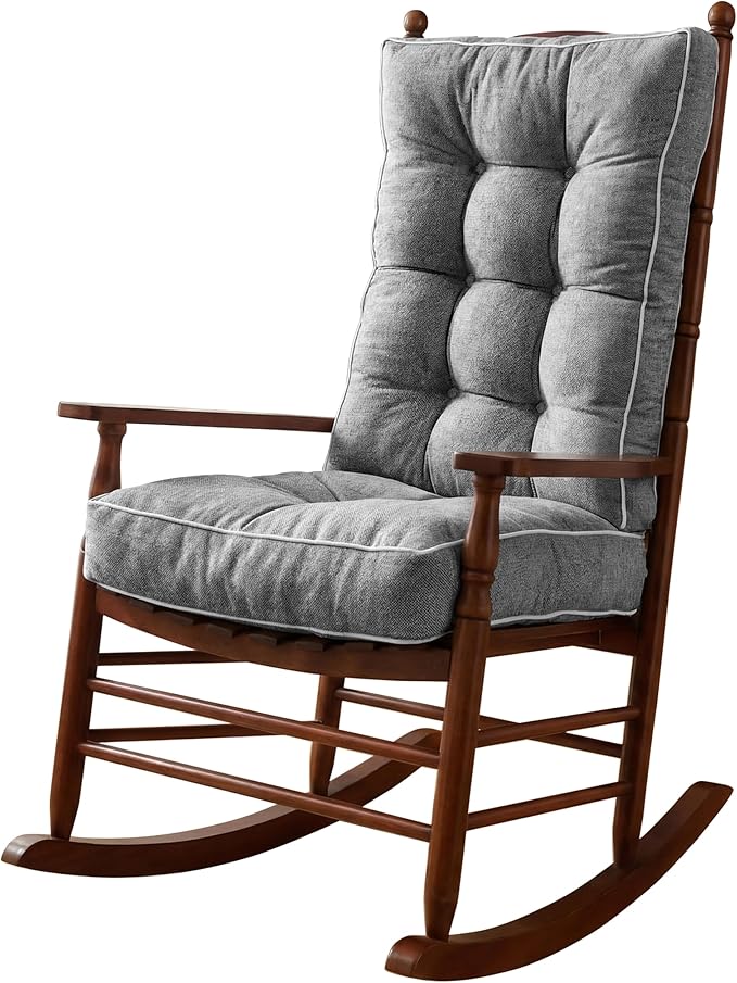 Rocking Chair Cushions Indoor, 5-inch Thicken Seat Cushion with Memory Foam Non-Slip Tufted Chair Pads Set of Seat & Back Cushion for Outdoor Rocker Living Room, Light Grey, 28x18x5/18x18x5