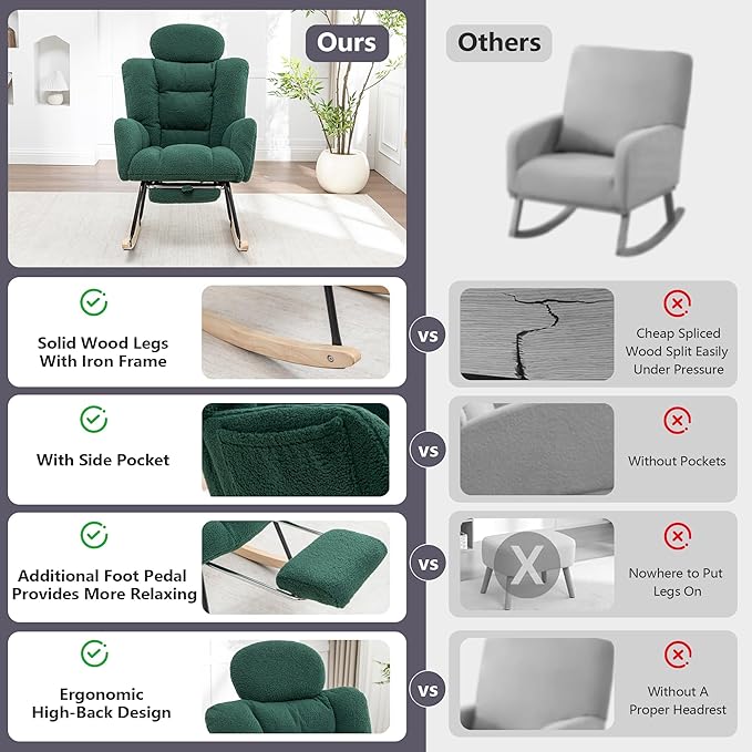 MINCETA Nursing Rocking Chair with Foot Rest, Modern Nursery Chair for Breastfeeding and Relaxing, Upholstered Glider with Head Support, High Back Ergonomic Design for Nursing Mom and Baby, Green