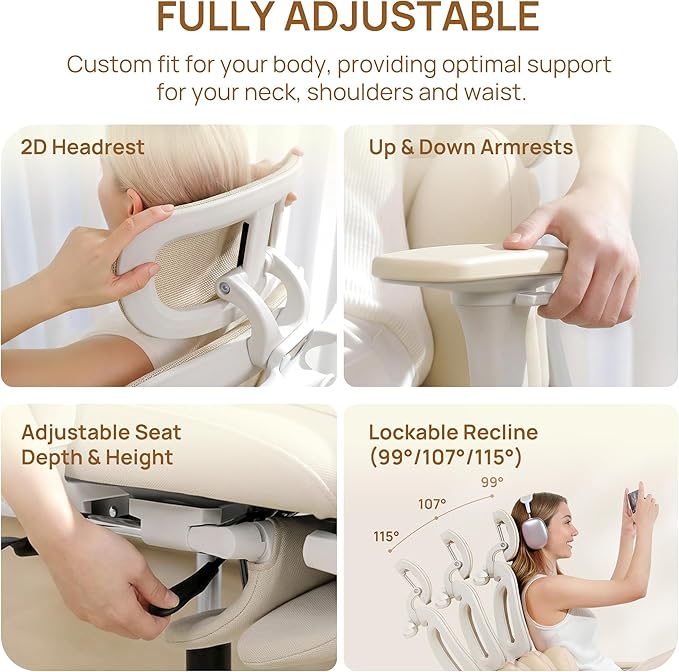 CabLady S1 Petite Ergonomic Home Desk Chair with Footrest and Headrest, High Back Fixed Lumbar Support with Detachable Pillow, Reclining Cute Office Chair for Women & Girls, 300 LBS Capacity