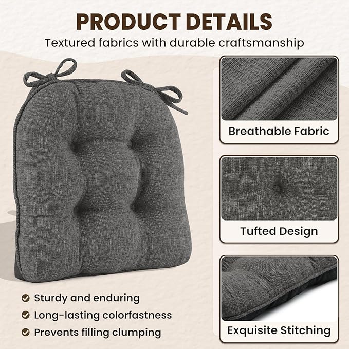 downluxe Indoor Chair Cushions for Dining Chairs, Tufted Overstuffed Textured Kitchen Chair Pads with Ties and Non-Slip Backing, 15.5" x 15.5" x 4", Dark Grey, 6 Pack