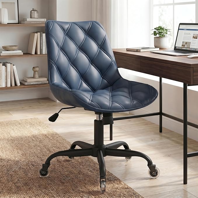 Armless Office Chair, Mid Back Modern Desk Chair with Rubber Wheels, 360 Swivel PU Leather Office Chair No Arms, Adjustable Height Small Computer Chair, Armless Desk Chair for Office, Navy Blue