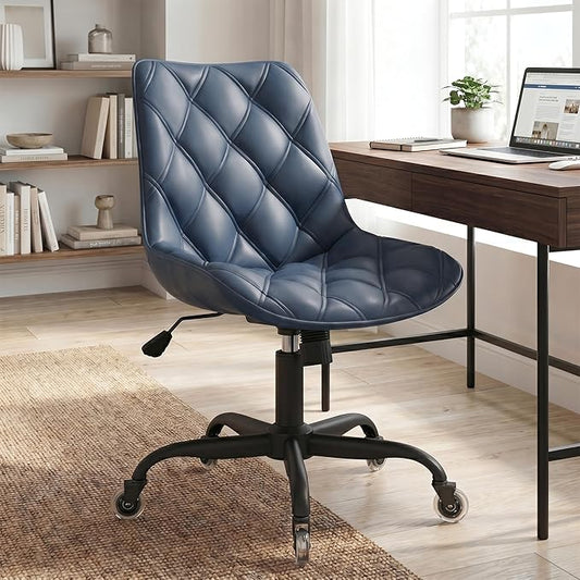 Armless Office Chair, Mid Back Modern Desk Chair with Rubber Wheels, 360 Swivel PU Leather Office Chair No Arms, Adjustable Height Small Computer Chair, Armless Desk Chair for Office, Navy Blue